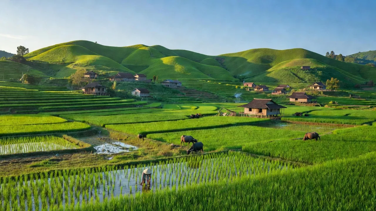 Cảnh quan ở Xã Tiến Bộ, Huyện Yên Sơn, Tỉnh Tuyên Quang, với đồi núi và cánh đồng xanh tươi.