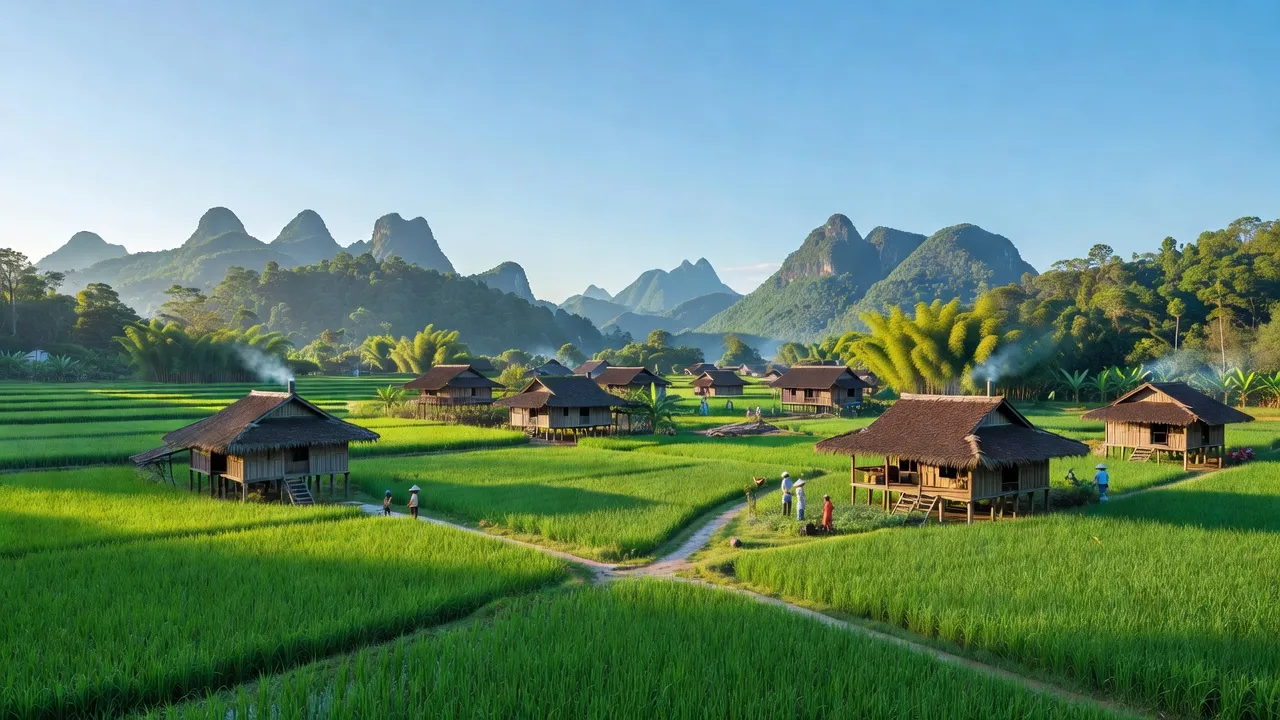 Khung cảnh làng Trung Môn ở huyện Yên Sơn, tỉnh Tuyên Quang với đồng xanh và núi non hùng vĩ.