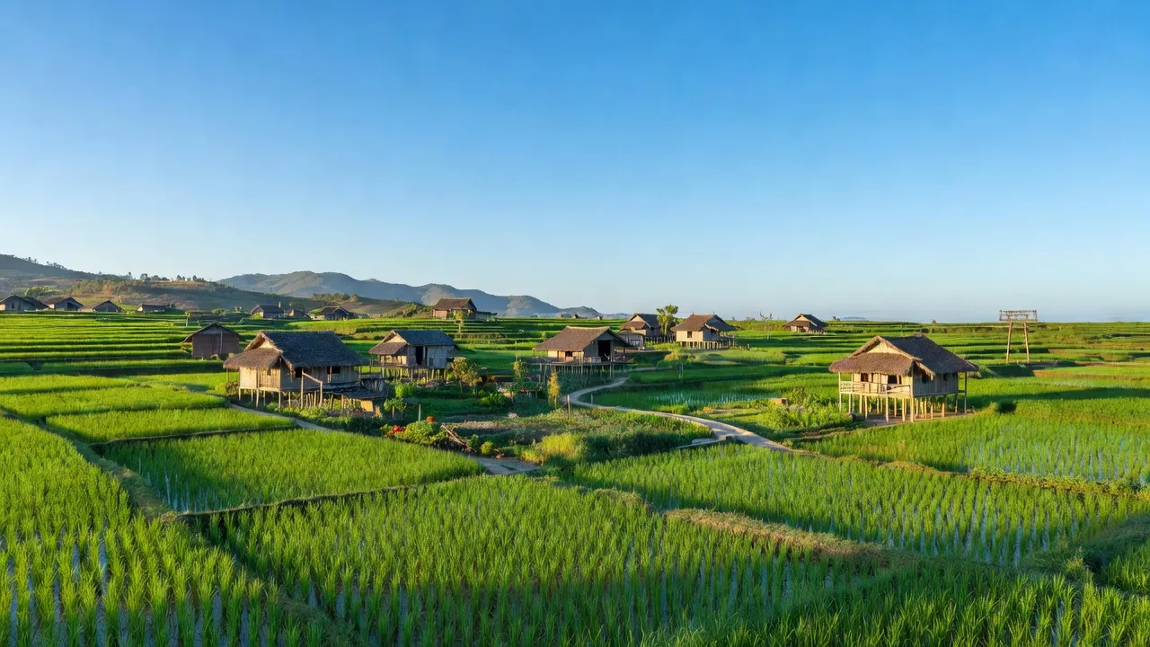 Khung cảnh thanh bình tại xã Trung Môn, huyện Yên Sơn, tỉnh Tuyên Quang với ruộng xanh và nhà truyền thống.