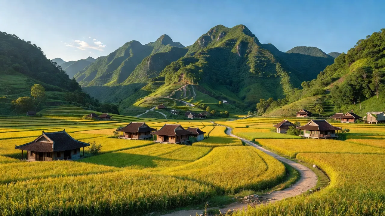 Tỉnh Tuyên Quang, Đông Bắc Việt Nam, với núi non, thung lũng và cánh đồng lúa chín vàng.
