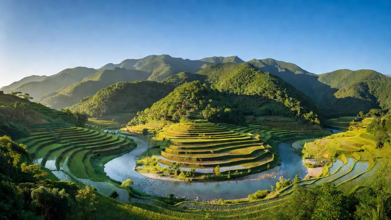 Tỉnh Tuyên Quang với cánh đồng lúa, núi non xanh tươi và sông nước yên bình tại Việt Nam.