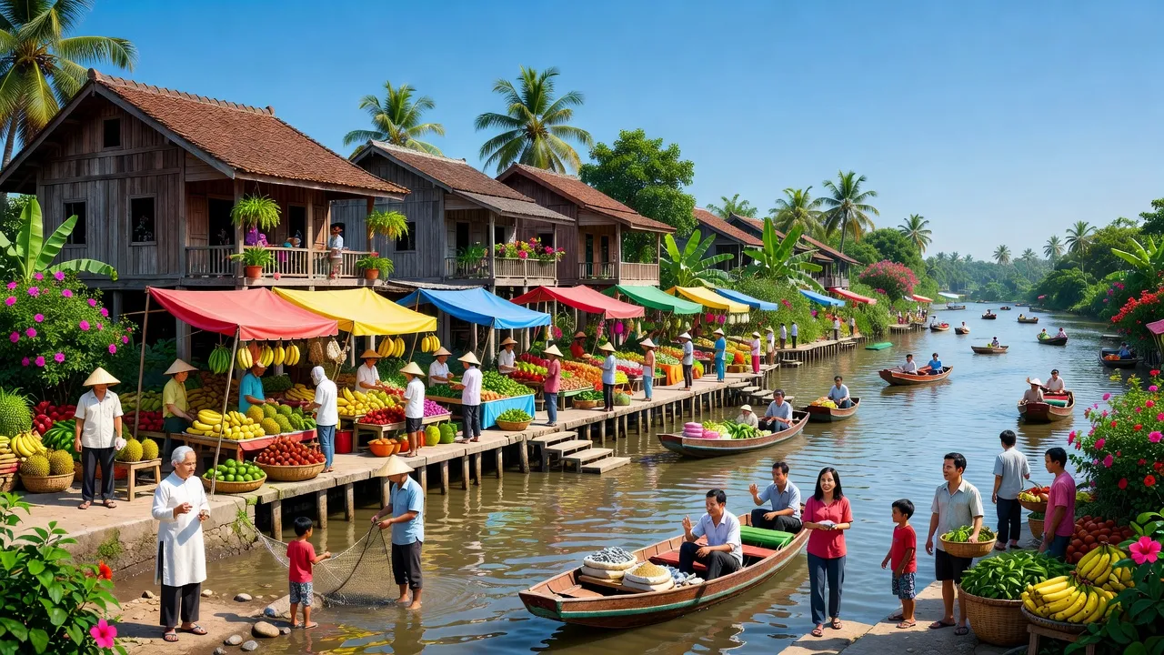Khung cảnh thị xã Bình Minh, tỉnh Vĩnh Long với chợ truyền thống và nhà cửa ven sông.