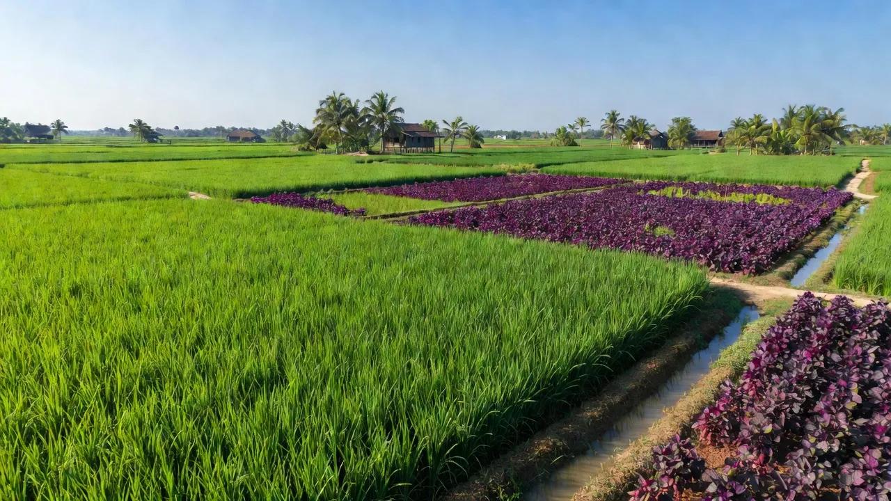 Cảnh nông thôn huyện Bình Tân, tỉnh Vĩnh Long với cánh đồng và khoai lang tím Nhật Bản.