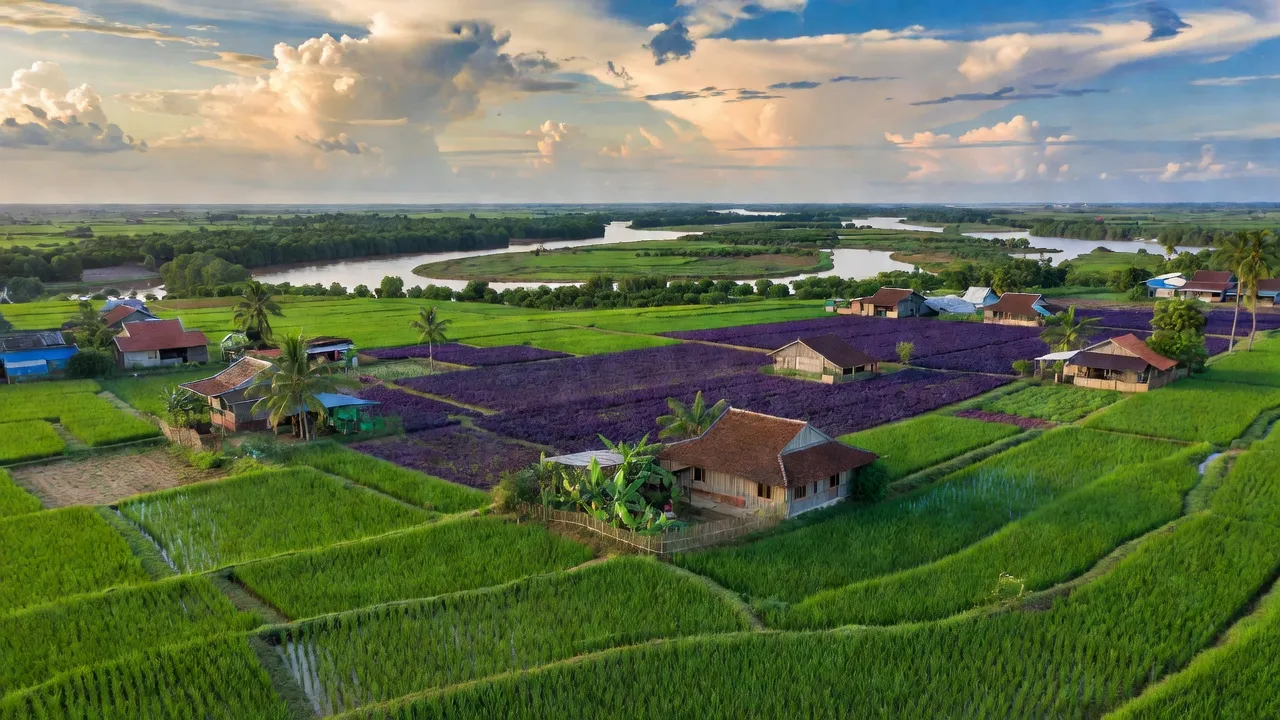 Quang cảnh huyện Bình Tân, Vĩnh Long với cánh đồng xanh tươi và khoai lang tím Nhật Bản.