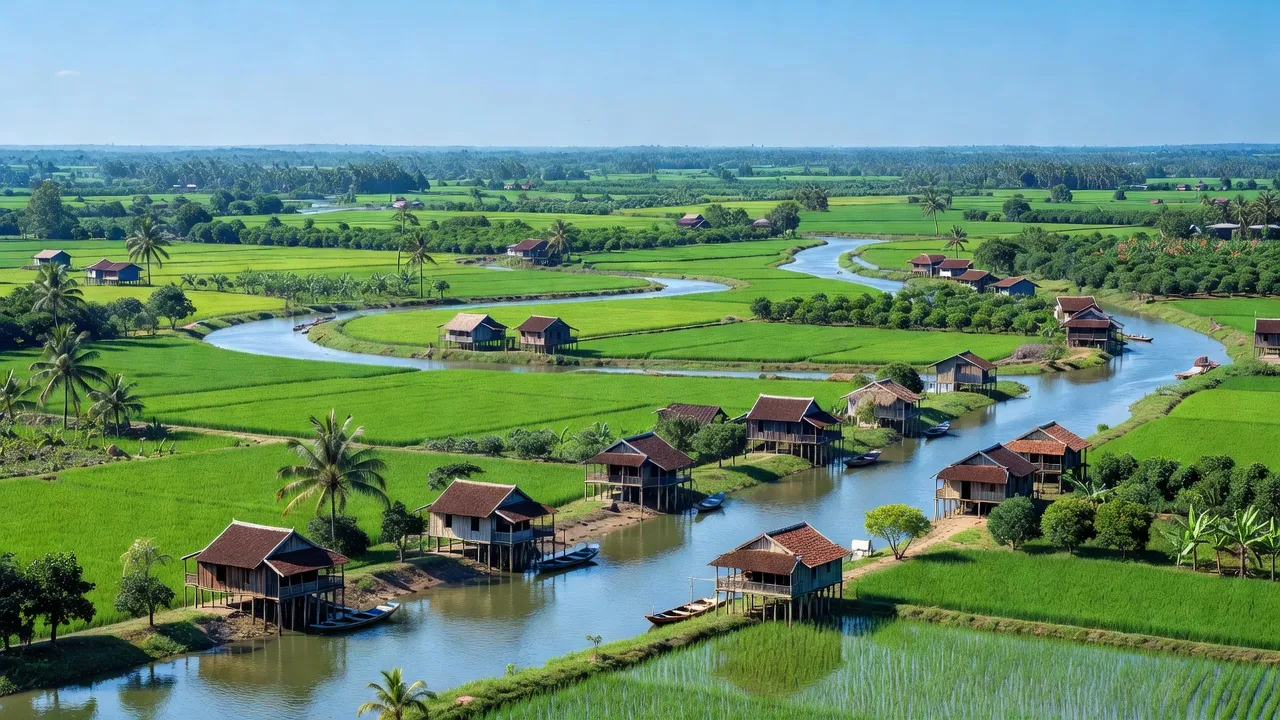 Cảnh quan huyện Long Hồ, tỉnh Vĩnh Long với hệ thống sông ngòi xanh mát và nhà truyền thống.