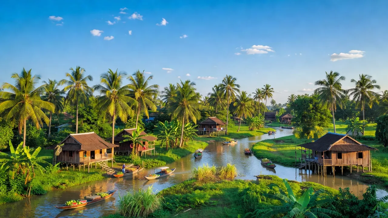 Cảnh quan huyện Long Hồ Vĩnh Long, sông nước, cây xanh, và nhà gỗ truyền thống, Nghệ thuật địa phương.