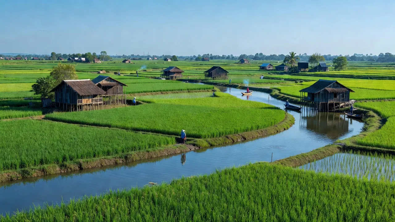 Cảnh quan huyện Mang Thít, Vĩnh Long với cánh đồng lúa và con nước yên bình.