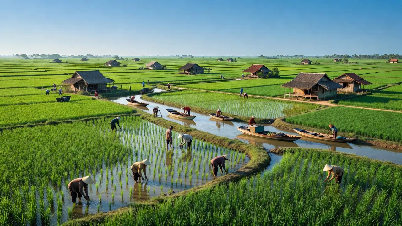 Cảnh sắc Huyện Tam Bình, Vĩnh Long với cánh đồng xanh, nhà truyền thống và dòng kênh vắt ngang.