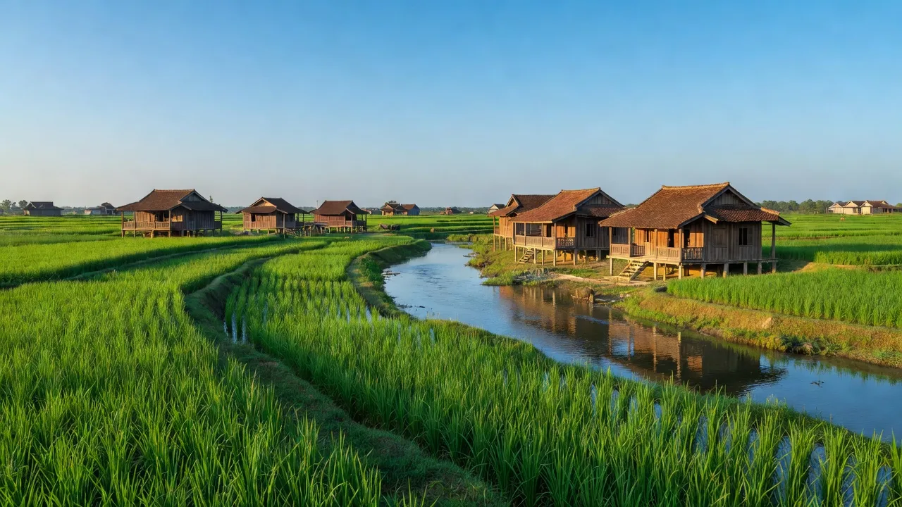 Khung cảnh nông thôn Huyện Tam Bình, tỉnh Vĩnh Long với cánh đồng xanh mướt và dòng sông yên bình.