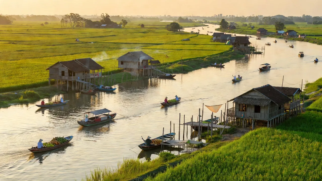 Huyện Trà Ôn, Vĩnh Long với sông Hậu, đồng ruộng xanh, nhà truyền thống, đặc trưng văn hóa địa phương.
