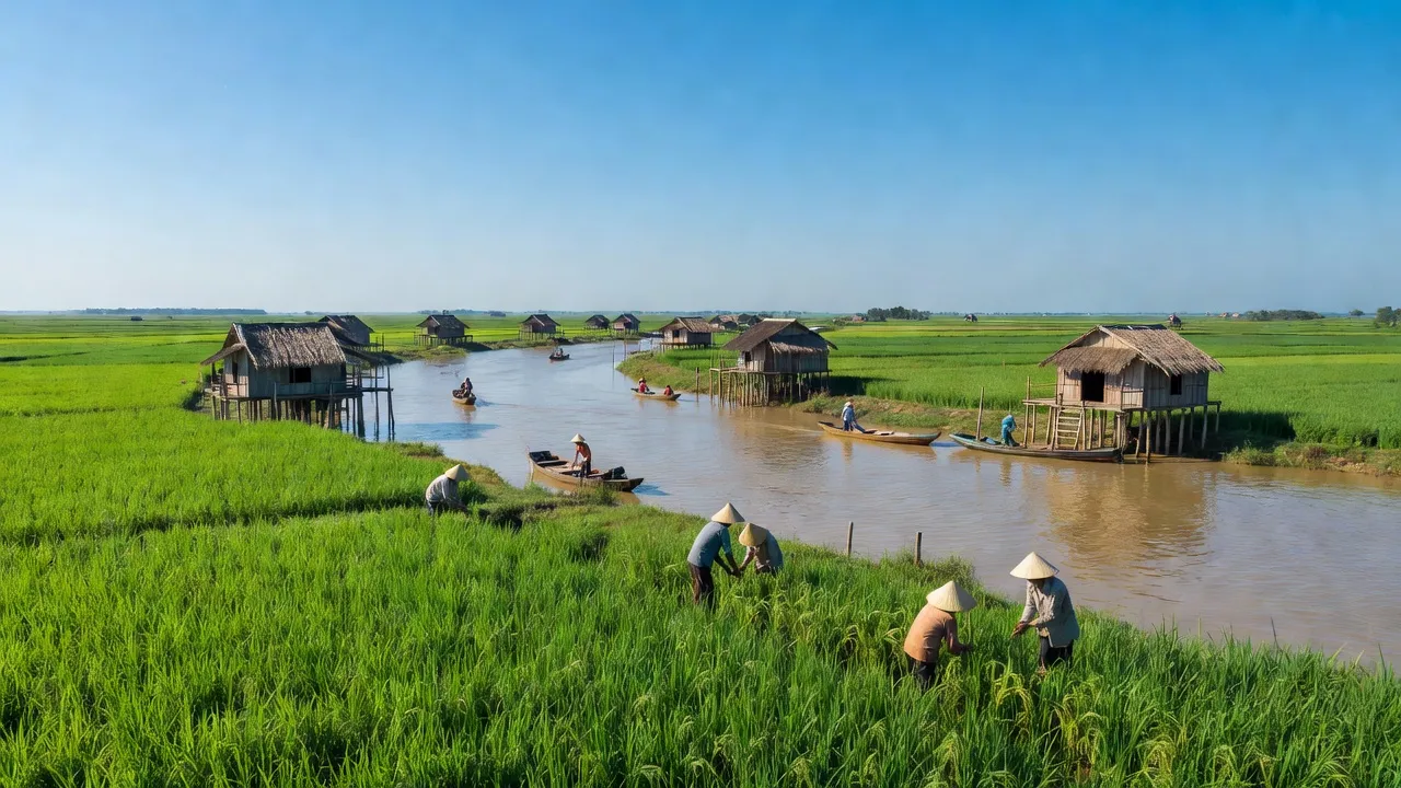 Quang cảnh huyện Trà Ôn, Vĩnh Long với sông Hậu, ruộng xanh và nhà truyền thống. Tra On district scenery with Hau River, green fields and traditional houses.