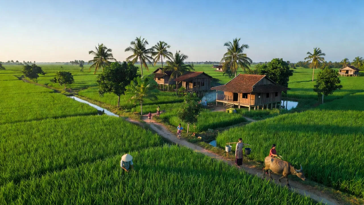 Huyện Vũng Liêm, Vĩnh Long với cánh đồng xanh, cây cối và ngôi nhà truyền thống Việt Nam.