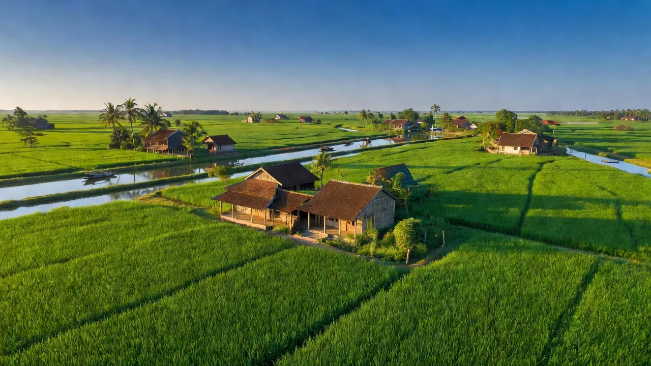 Khung cảnh huyện Vũng Liêm, tỉnh Vĩnh Long với ruộng xanh, nhà truyền thống, và dòng nước yên bình.