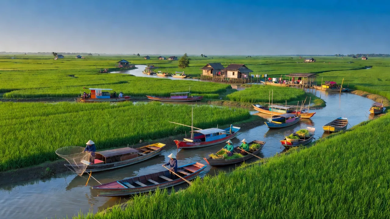 Cảnh đẹp tỉnh Vĩnh Long với cánh đồng xanh và dòng sông uốn lượn, Việt Nam.