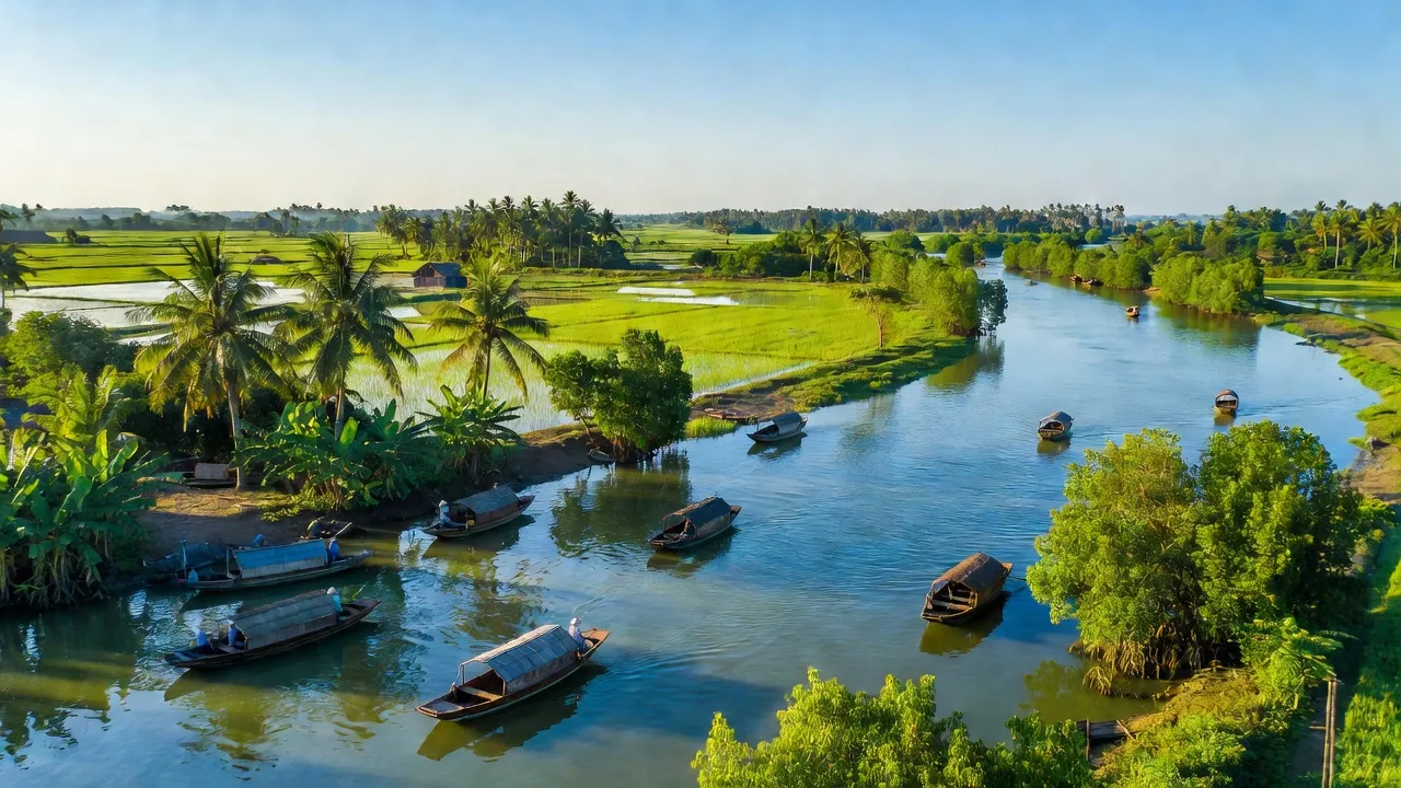 Khung cảnh thiên nhiên tươi đẹp tỉnh Vĩnh Long, sông nước, và thuyền gỗ địa phương.
