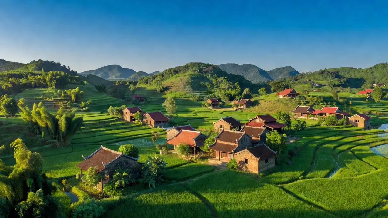 Cảnh quan huyện Lập Thạch, Vĩnh Phúc với địa hình đồi núi và nhà truyền thống Việt Nam.