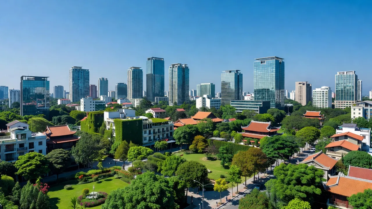 Thành phố Phúc Yên với khung cảnh đô thị và thiên nhiên tươi đẹp, Vĩnh Phúc, Vietnam.