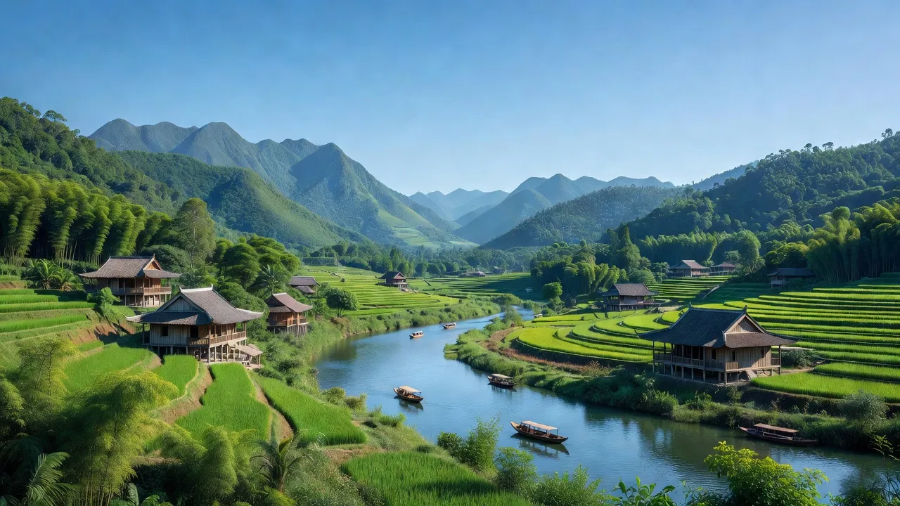 Khung cảnh Huyện Sông Lô, Vĩnh Phúc với núi non, sông nước và kiến trúc địa phương.