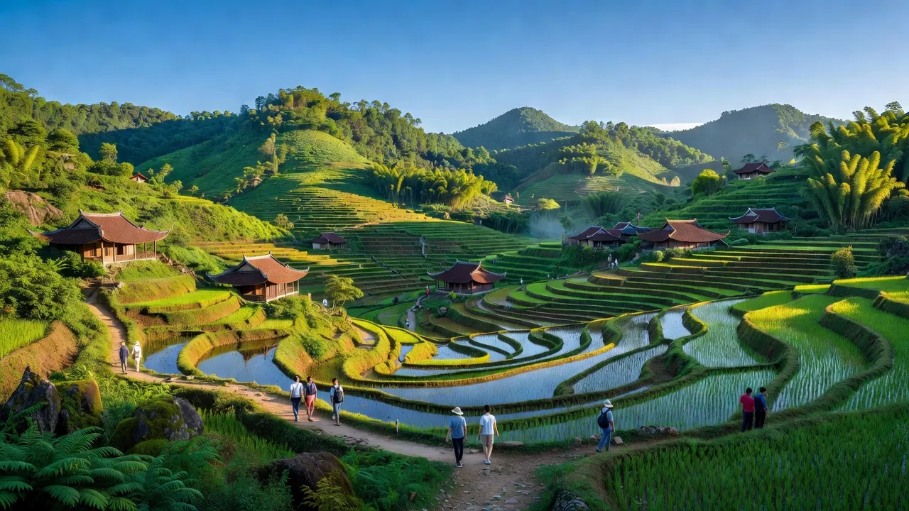 Cảnh quan huyện Tam Đảo, Vĩnh Phúc với đồi núi xanh, bầu trời trong và nhà truyền thống.
