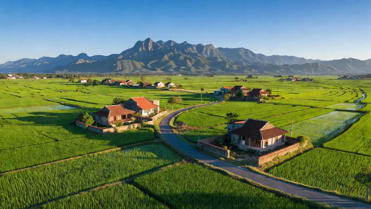 Cảnh quan huyện Tam Dương, Vĩnh Phúc với đồng xanh và núi non, thể hiện sự hòa quyện thiên nhiên.