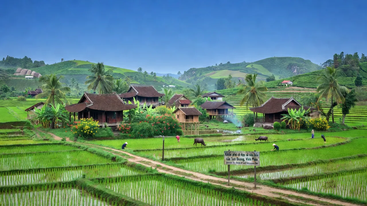 Khung cảnh Huyện Tam Dương, Vĩnh Phúc với cánh đồng xanh và kiến trúc truyền thống Việt Nam.