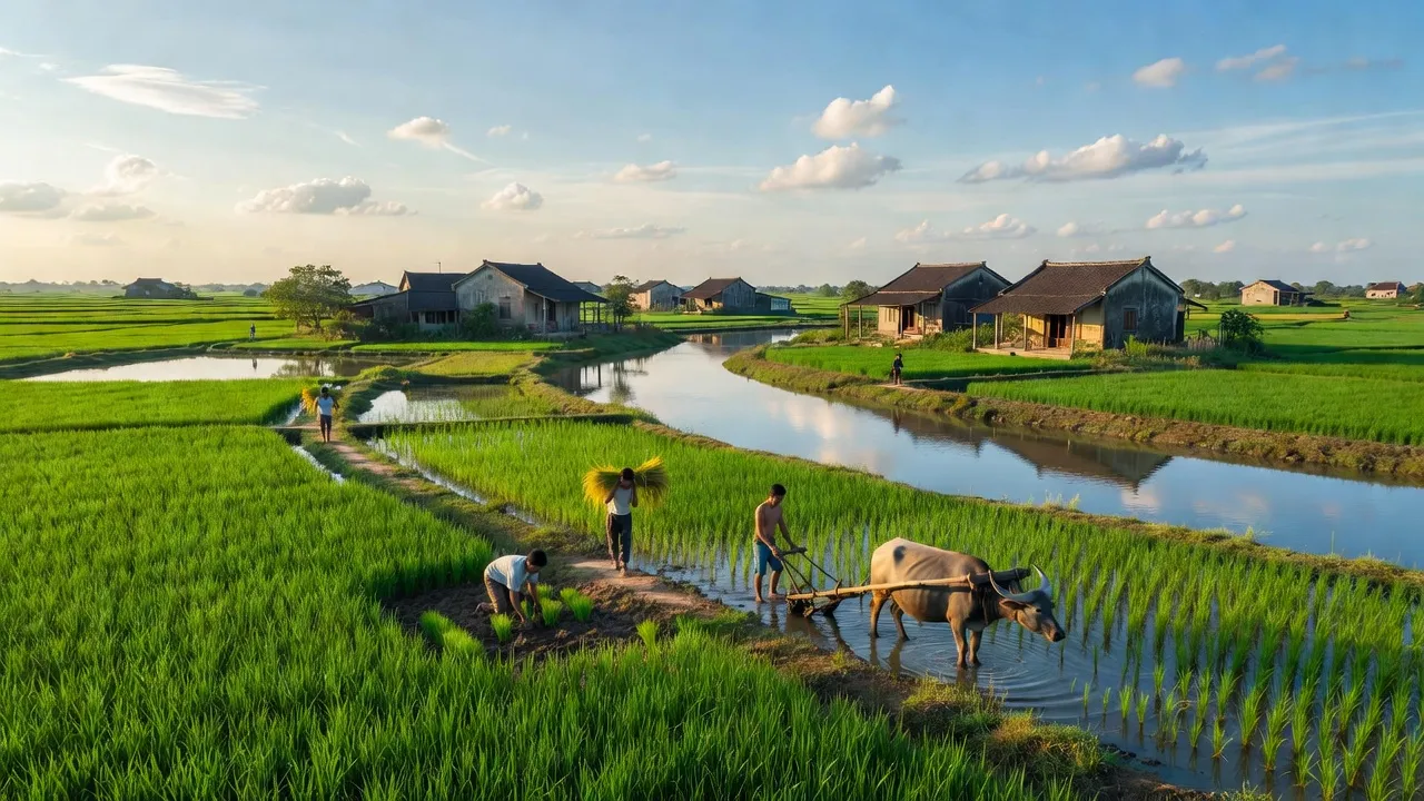 Khung cảnh huyện Vĩnh Tường, Vĩnh Phúc với cánh đồng xanh và nhà truyền thống, vẻ đẹp thiên nhiên.