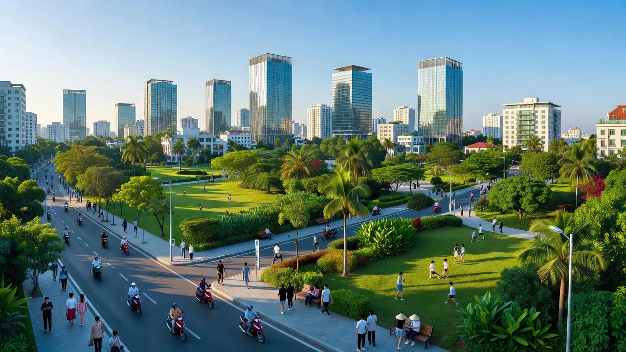 Thành phố Vĩnh Yên, hiện đại, khu phố sầm uất, với công viên xanh và bầu trời trong xanh.