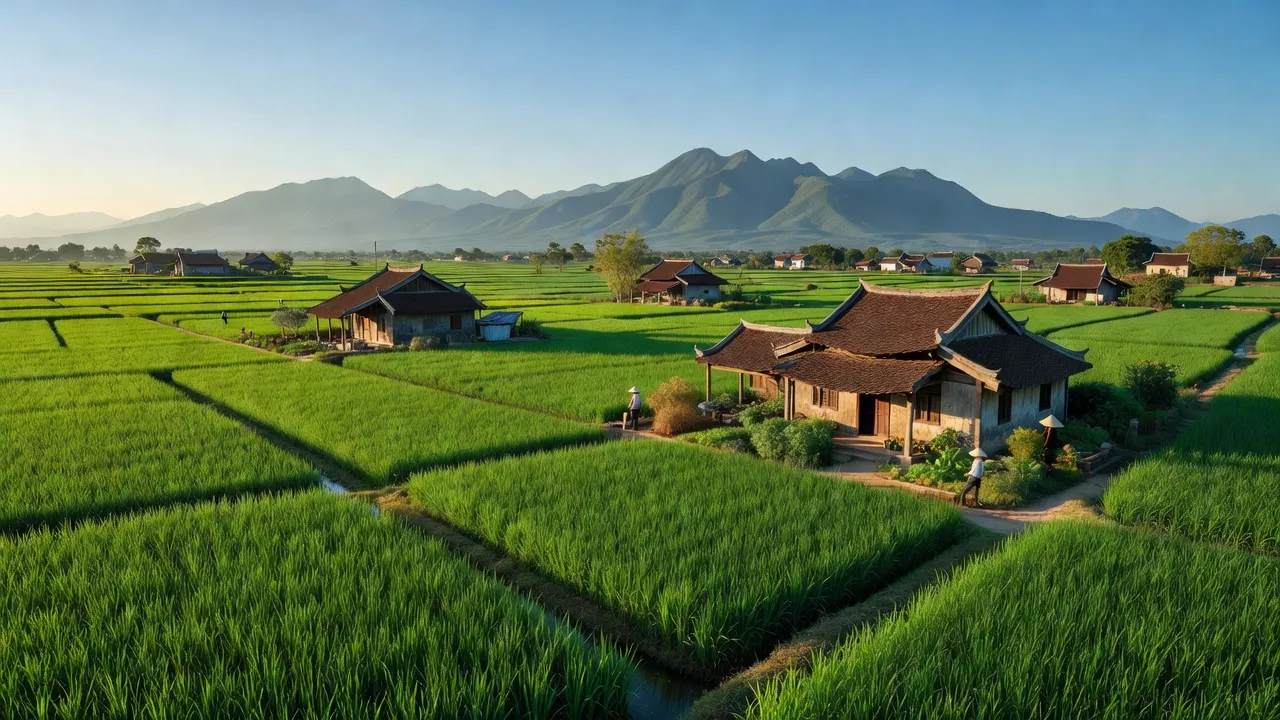 Quang cảnh huyện Yên Lạc, tỉnh Vĩnh Phúc với đồng xanh và nhà truyền thống, thể hiện nông thôn Việt Nam.
