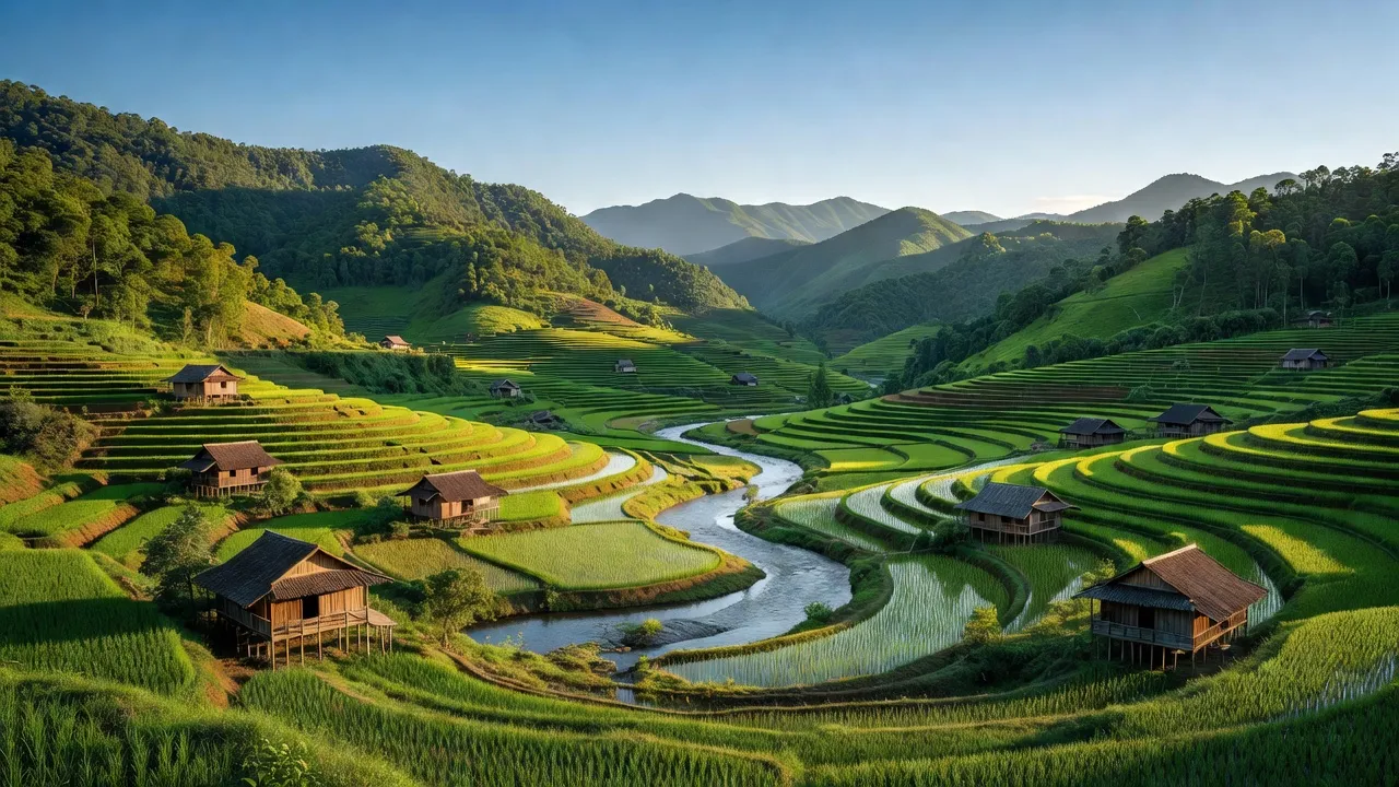 Khung cảnh huyện Lục Yên, tỉnh Yên Bái với núi xanh, đồng ruộng bậc thang và bầu trời trong xanh.