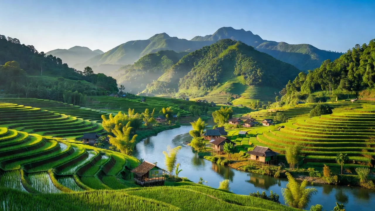 Vùng núi Lục Yên, Yên Bái với ruộng bậc thang, sông và bầu trời xanh sáng.