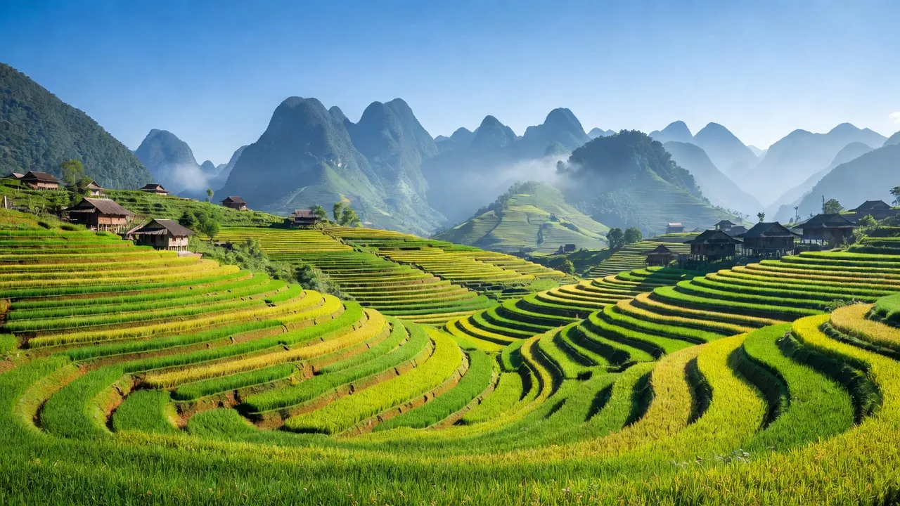 Cánh đồng ruộng bậc thang ở Mù Căng Chải, Yên Bái, đẹp và truyền thống, thể hiện vẻ đẹp tự nhiên.