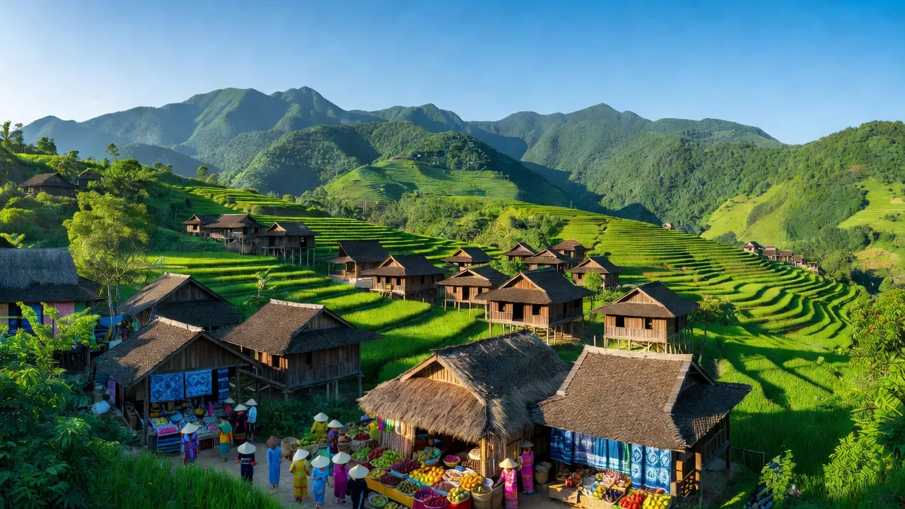 Khung cảnh thị xã Nghĩa Lộ, Yên Bái với núi xanh, nhà truyền thống và chợ địa phương.