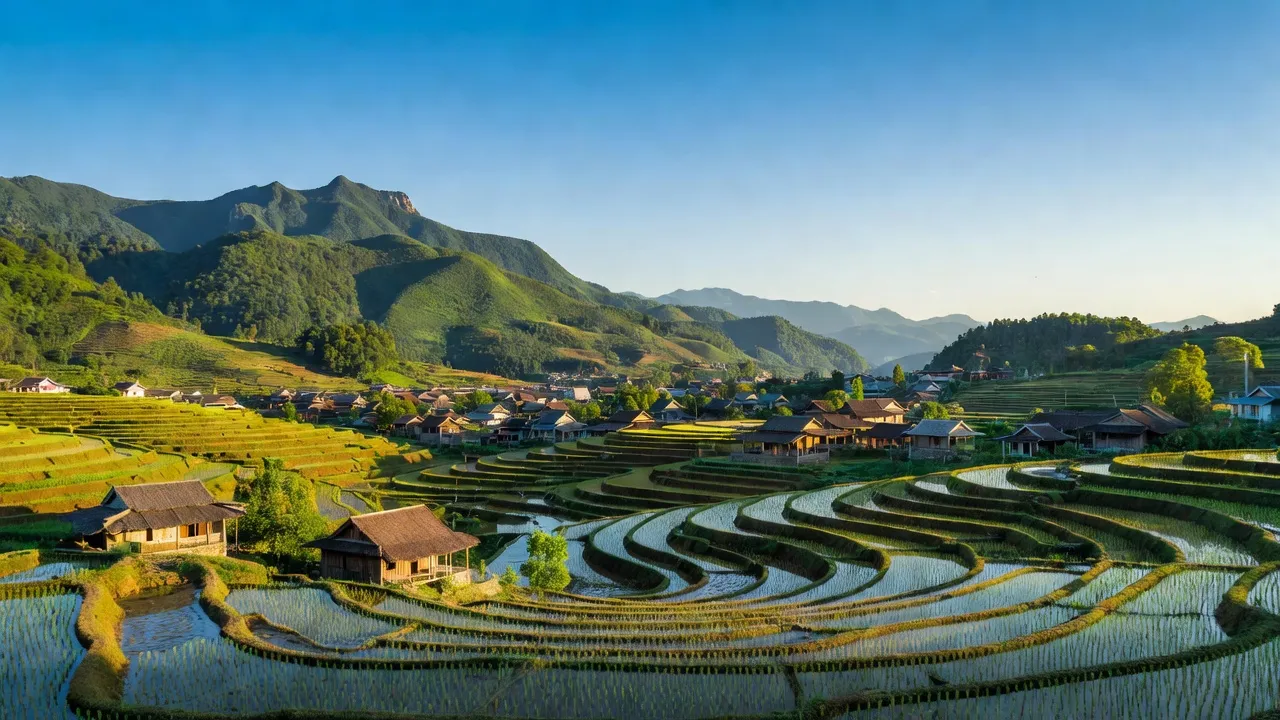 Toàn cảnh Thị xã Nghĩa Lộ, Yên Bái với ruộng bậc thang và núi non xanh mướt.
