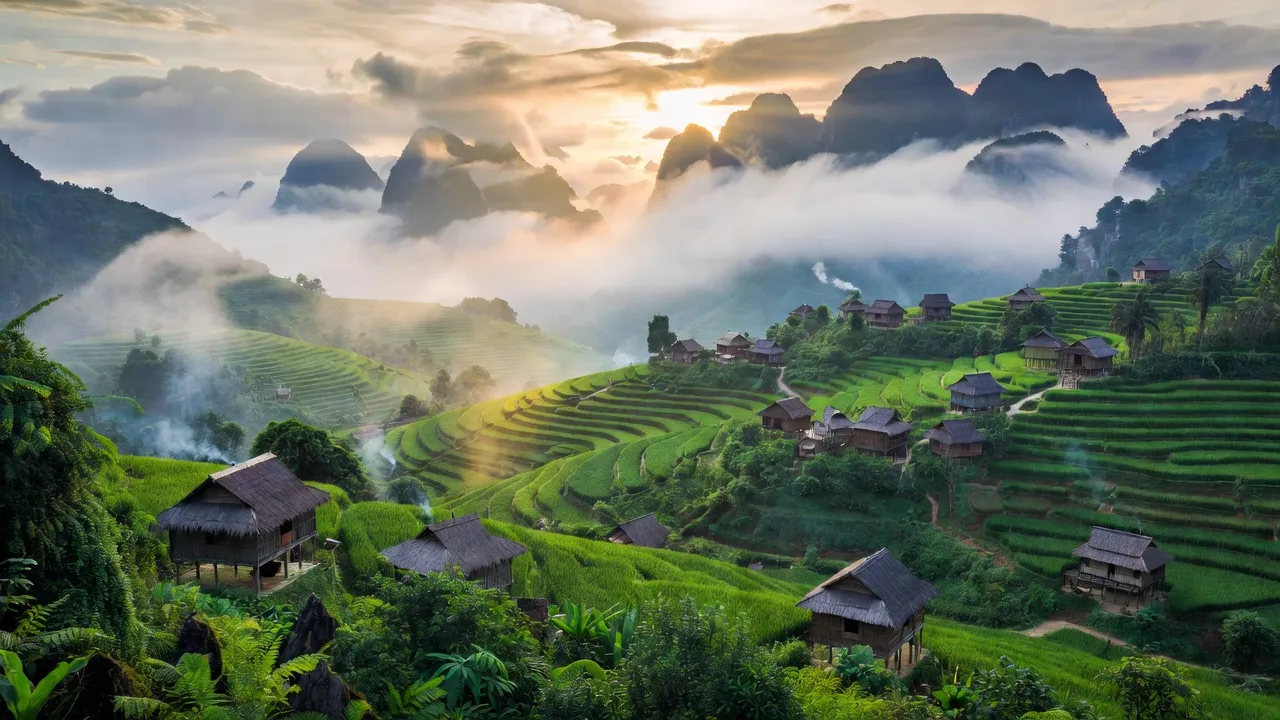 Cảnh quan huyện Trạm Tấu, Yên Bái với núi cao, nhà dân tộc và thiên nhiên tươi đẹp.