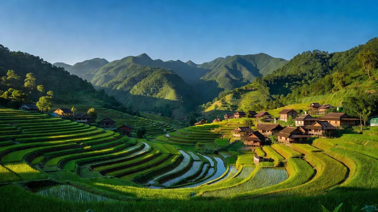 Khung cảnh tuyệt đẹp huyện Trạm Tấu, Yên Bái với núi xanh, nhà cổ truyền và ruộng bậc thang.