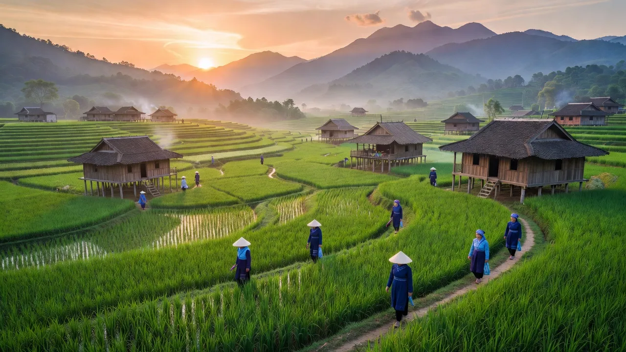 Cảnh sắc huyện Trấn Yên, tỉnh Yên Bái với ruộng bậc thang và nhà truyền thống, đẹp vào lúc bình minh.
