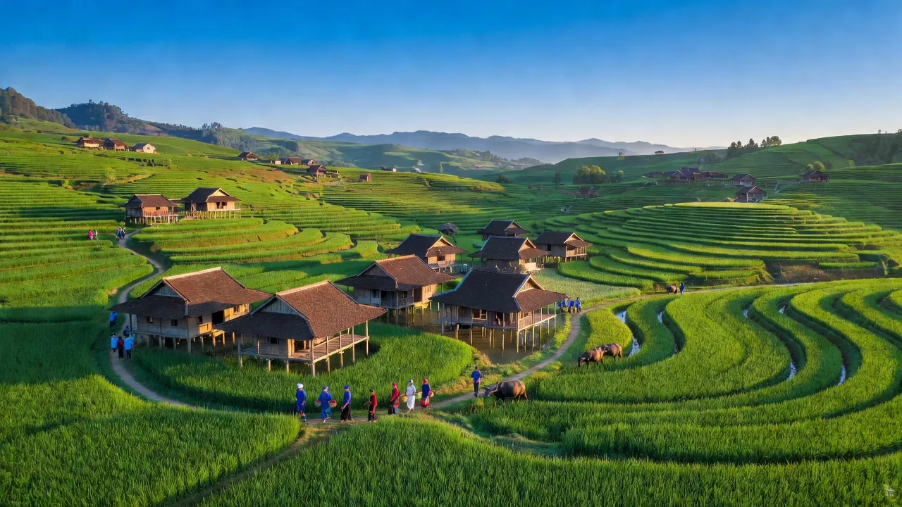 Khung cảnh huyện Trấn Yên, Yên Bái với cánh đồng xanh và nhà truyền thống.