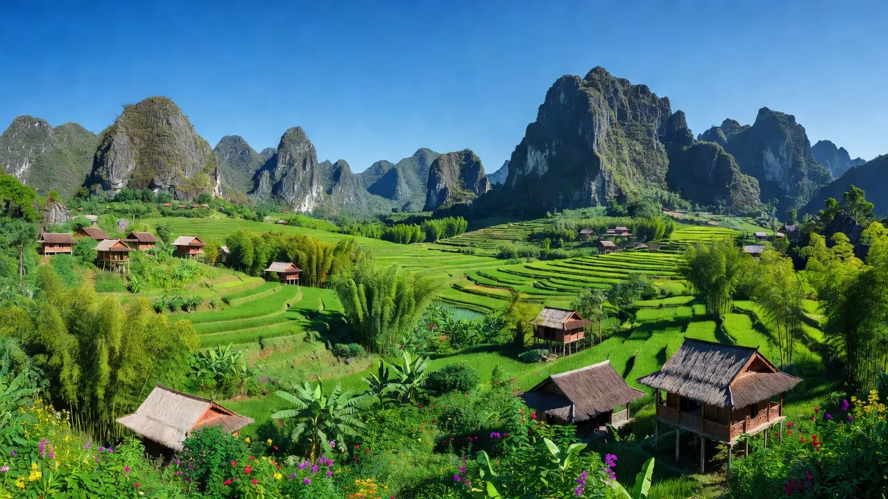 Khung cảnh huyện Văn Chấn, Yên Bái với núi non hùng vĩ và thung lũng xanh tươi, khí hậu mát mẻ.