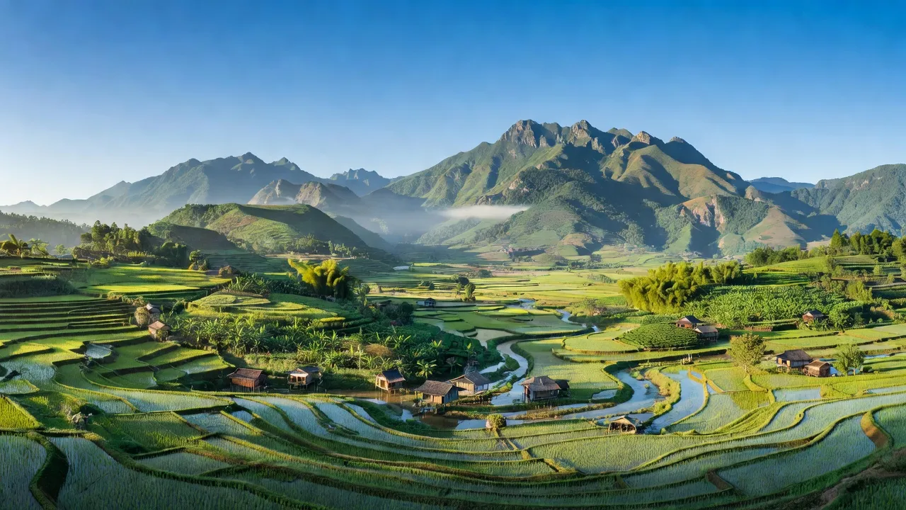 Khung cảnh huyện Văn Chấn, Yên Bái với núi non, thung lũng và cây xanh tươi tốt.