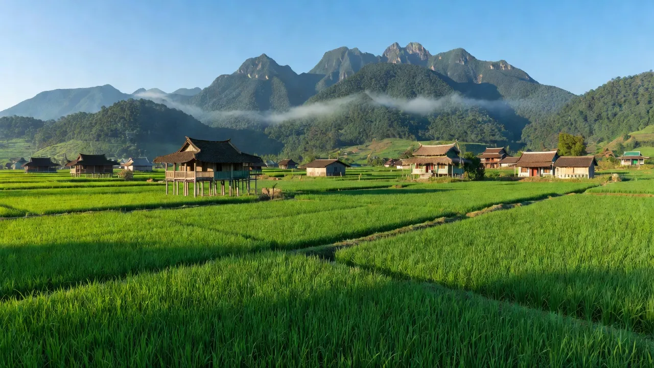 Cảnh đẹp huyện Yên Bình, tỉnh Yên Bái với đồng xanh, núi và nhà truyền thống, văn hóa đa dạng.