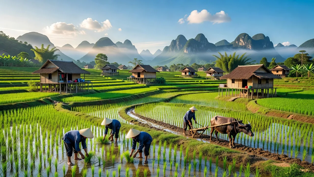 Cảnh đồng xanh tuyệt đẹp huyện Yên Bình, tỉnh Yên Bái với nhà truyền thống và núi non hùng vĩ.